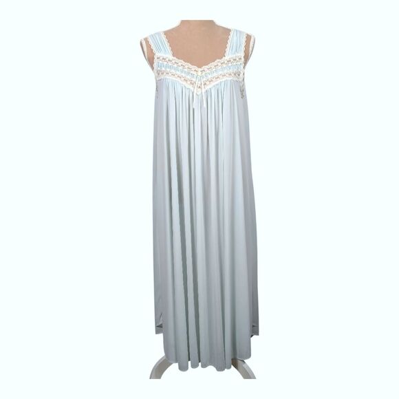 VINTAGE MISS ELAINE Pale Blue Nylon Mesh Nightgown Lace Stretch USA Medium - Picture 1 of 8